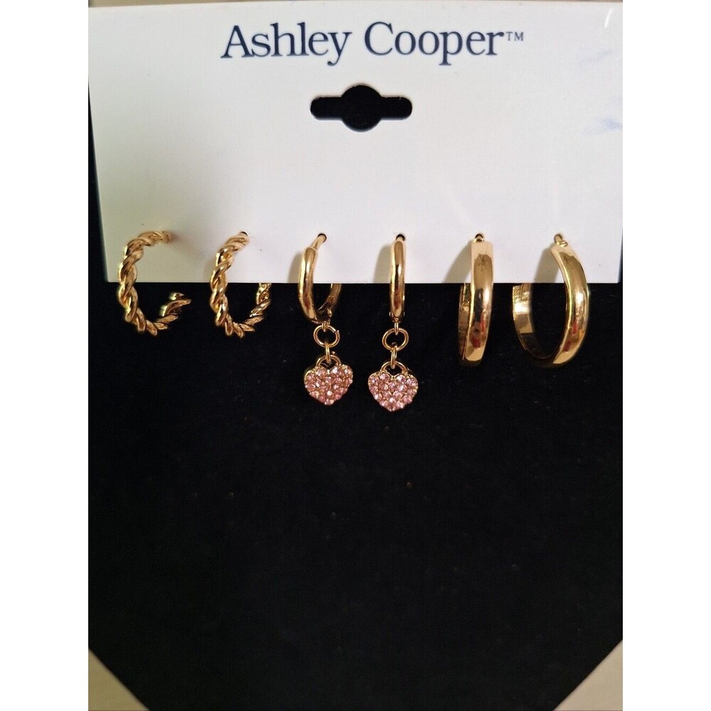 Ashley Cooper Gold-Tone Hoop Earring Set w/ Pink Heart Charm Accent